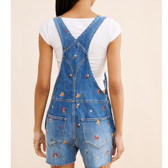 Driftwood Embroidered Denim Shortalls Womens Medium Blue Mushroom Print - Picture 2 of 12